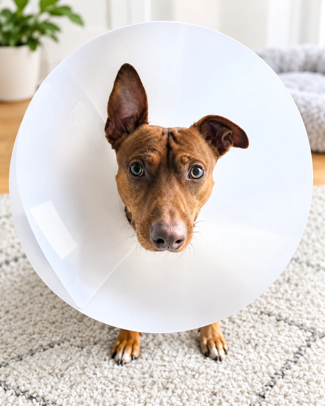Hund Joshi mit Schutzkragen