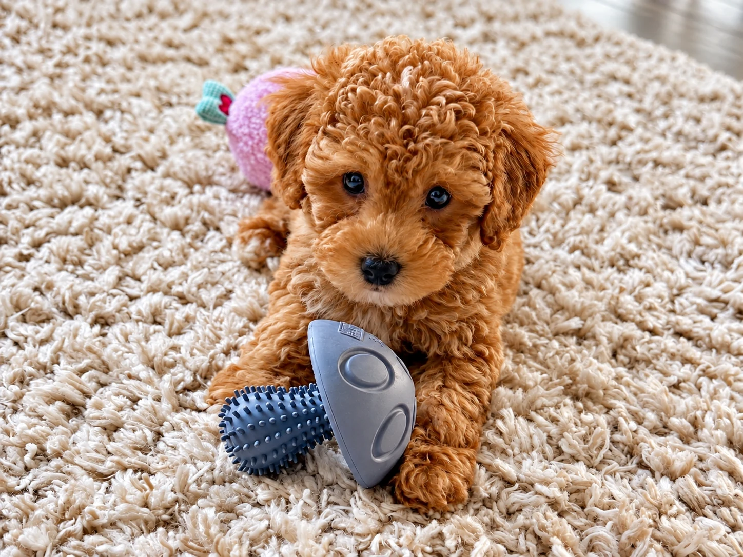 Teddy, apricotfarbener Pudelwelpe mit Spielzeug